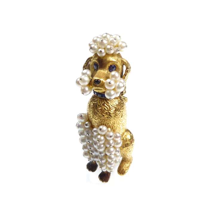 Gold, pearl and gem set poodle dog brooch